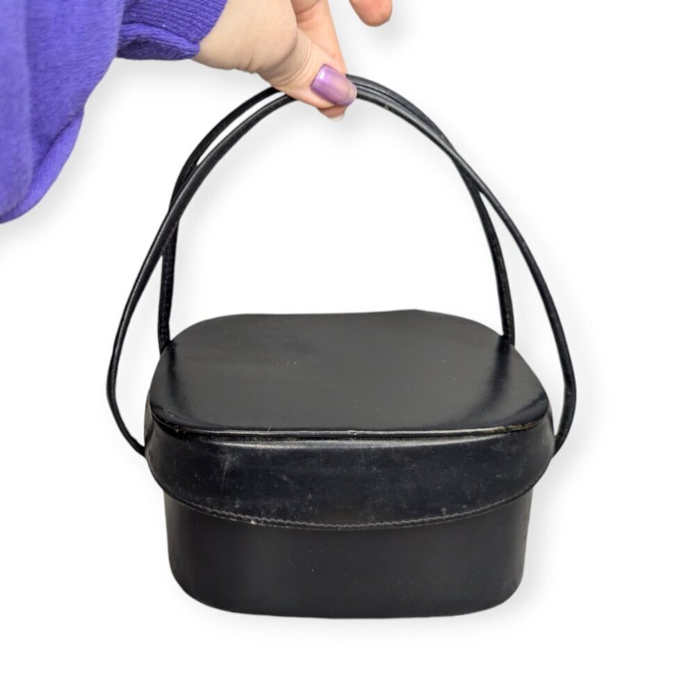 Vintage Black Leather Handbag with Double Handles Snap Closure